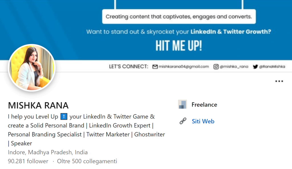 Header del profilo LinkedIn di Mishka Rana, LinkedIn Growth Expert e Personal Branding Specialist 